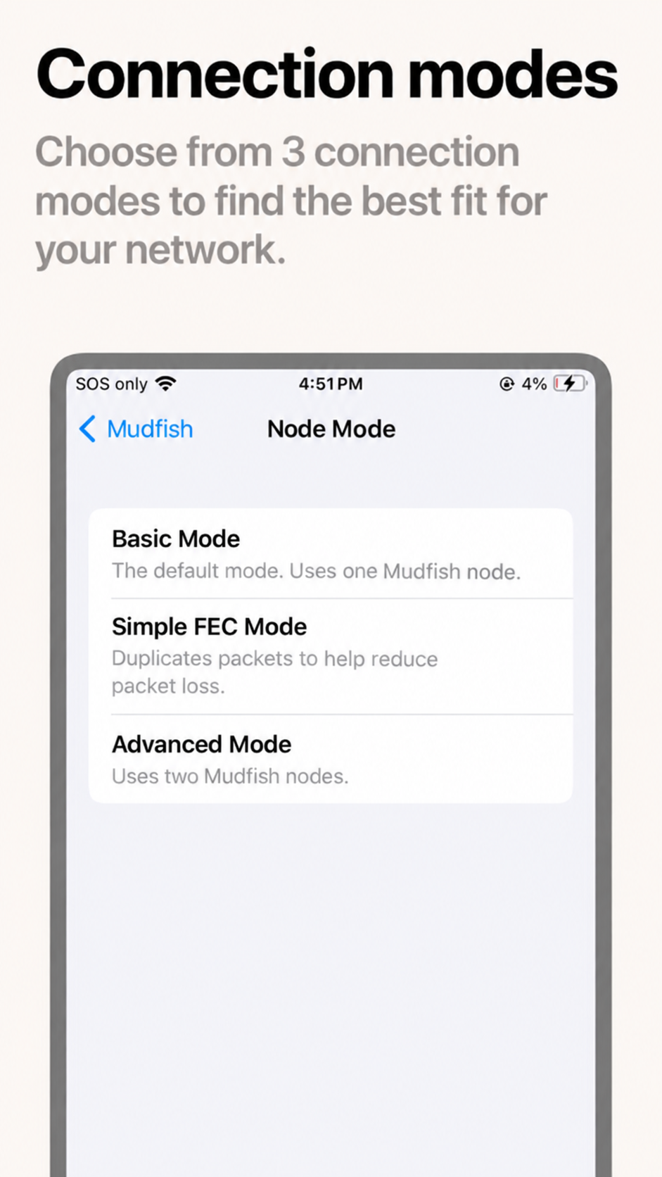 iOS · Choose a node and connection mode